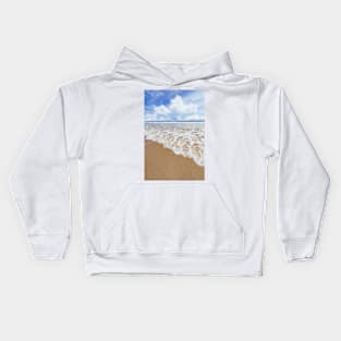 Waves sand beach and clouds sunny day Kids Hoodie